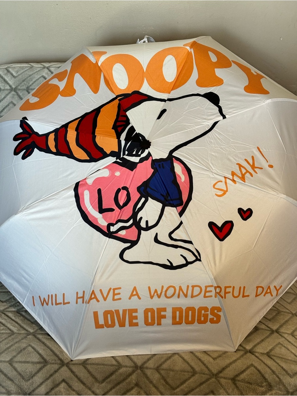Snoopy Love Dog Print White Umbrella with Orange Accents